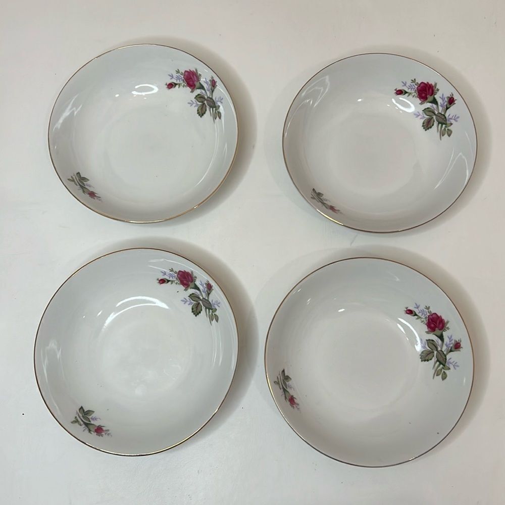 Tea Rose Fine China Vintage Fuschia Pink Gold Trim Set Of 4 Bowls 6 1/4 In Round